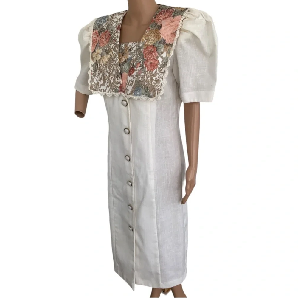 80s Floral Collar Dress Modest Ivory Button Down SL Fashions 14 38 32 40 - Picture 1 of 8